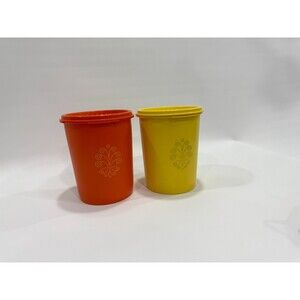 VTG Tupperware Orange Yellow Servalier Canister 811 With Lid Seal USA Set 2